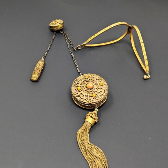 SOLD Antique Victorian Chatelaine Cosmetic Bag Frame Gold Tone Filigree - Picture 2 of 16